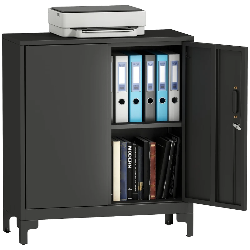 HOMCOM Büroschrank aus Metall, verschließbare Türen, Bürokommode, 2-stufiges Design, Schwarz(m-11)