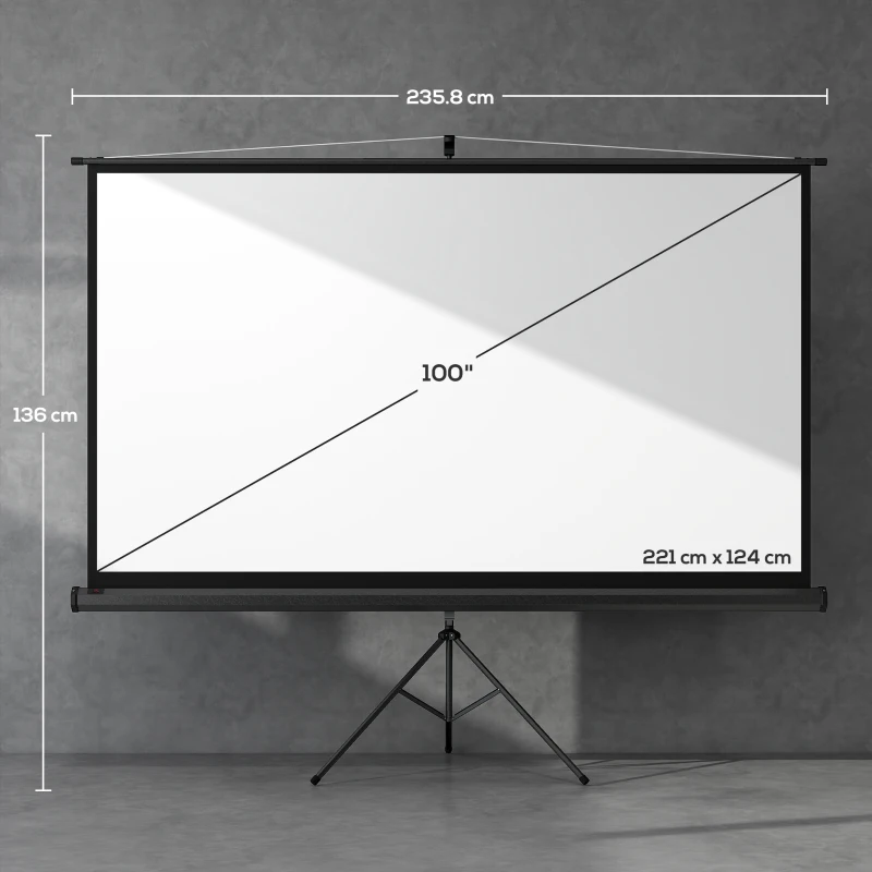 HOMCOM Telo Proiettore Pieghevole da 100" Formato 16:9 con Treppiede Regolabile, 235.8x8x136 cm, Nero