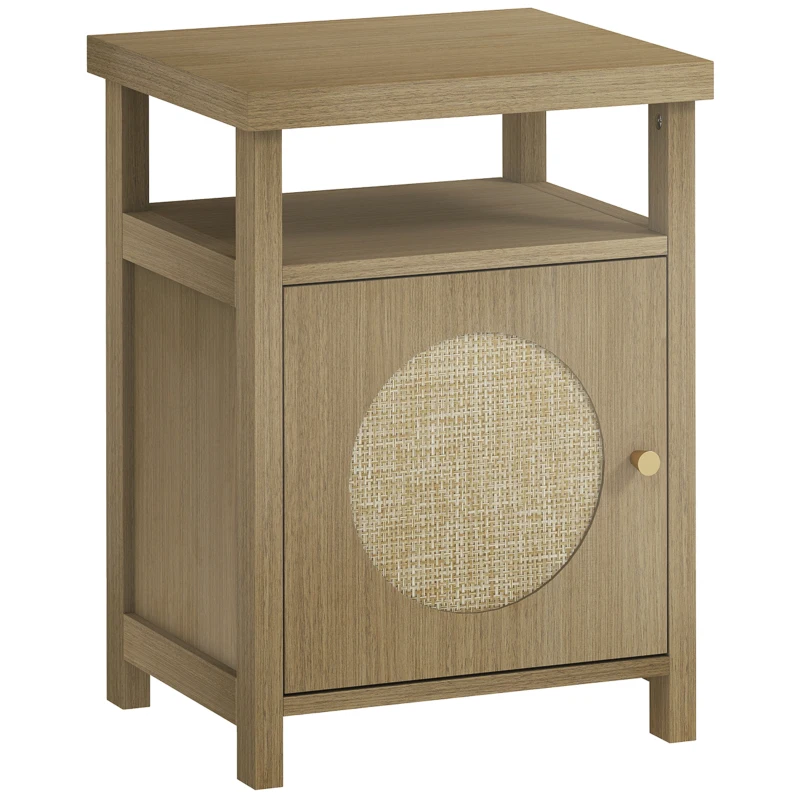 HOMCOM Mesita de Noche con Puerta de Ratán Mesilla de Noche con Estante Abierto y Compartimento 40x35x55 cm Madera Natural