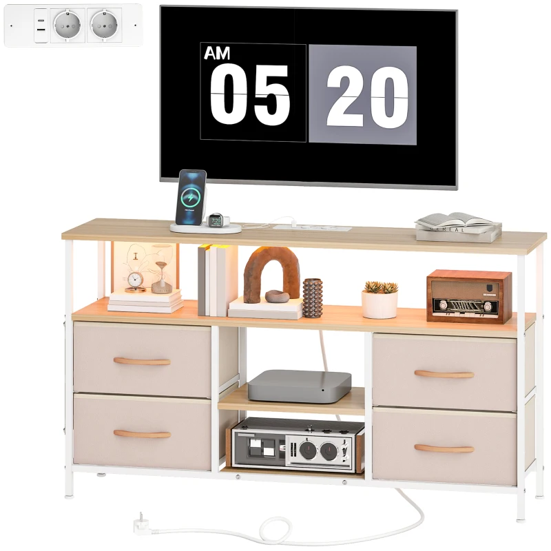 HOMCOM Meuble TV avec Lumière LED et Prises USB Étagères Ouvertes 4 Tiroirs pliables 120x30x67,5 cm Beige et Blanc