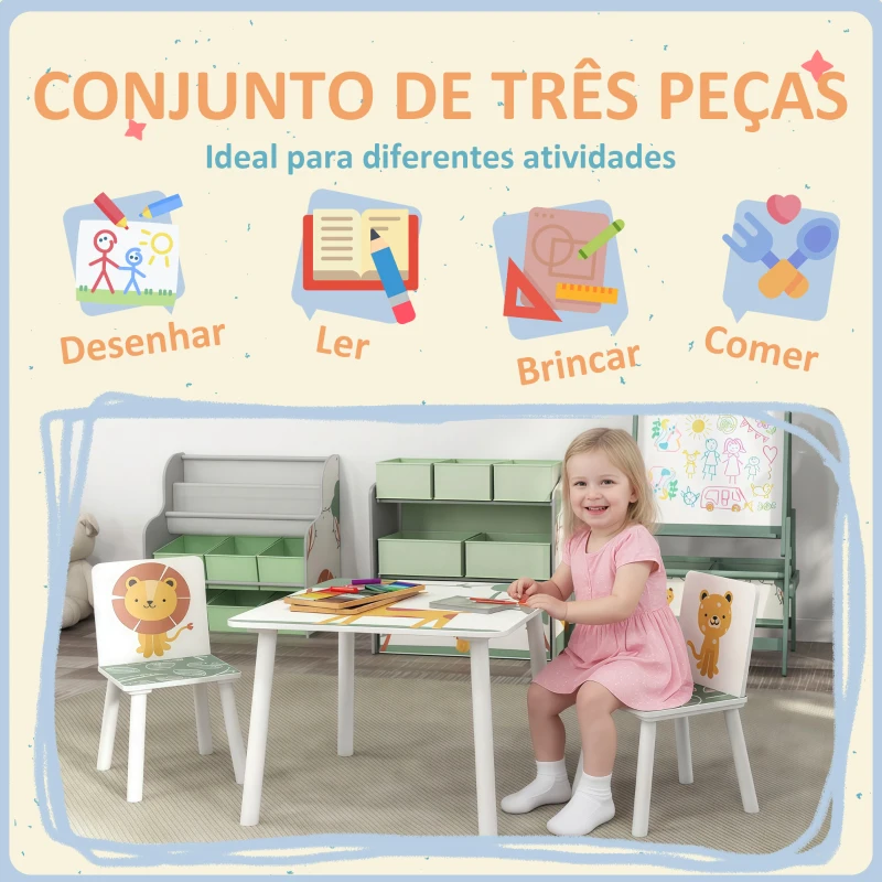 AIYAPLAY Mesa e Cadeiras para Crianças de 3 Peças Mesa Infantil com 2 Cadeiras em Madeira com Desenhos de Leões Verde