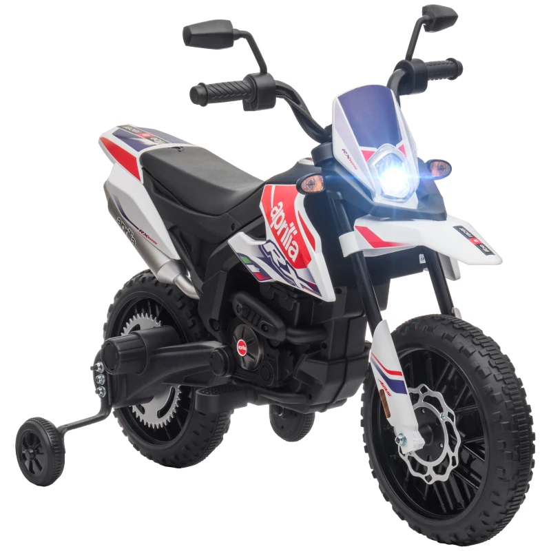 AIYAPLAY Moto Eléctrica para Niños 12V con Licencia Aprilia con Ruedas Auxiliares Desmontables 6 km/h Suspensión Trasera Blanco