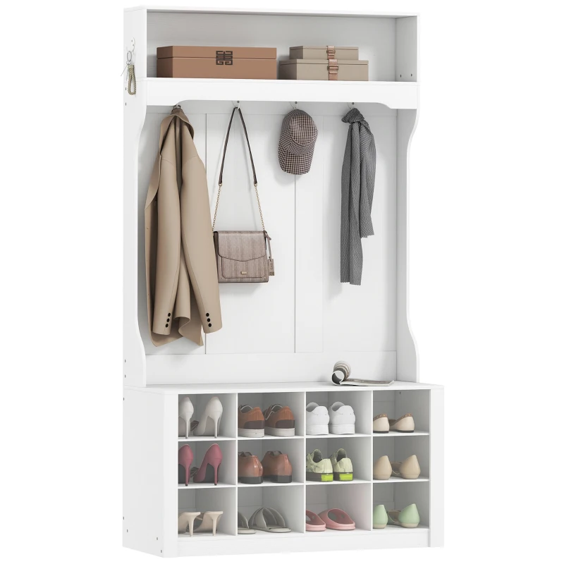 HOMCOM Garderobe mit Regal, Bank, Haken, Schuhfächern, Spanplatten, MDF, Weiß(m-11)
