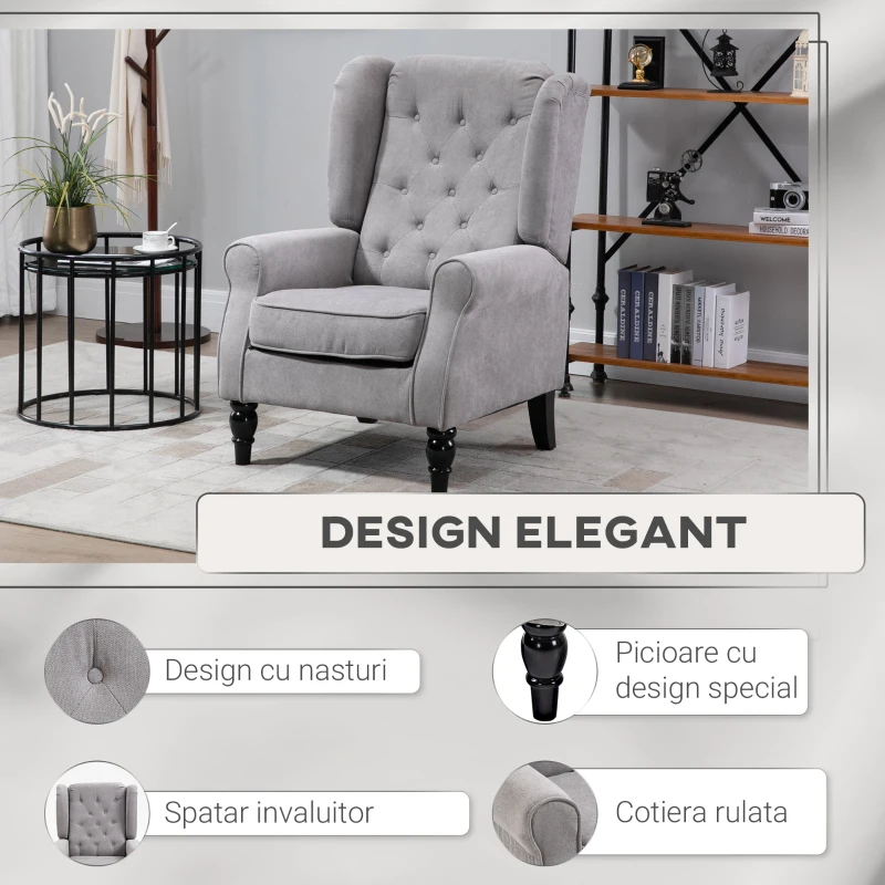 Homcom Fotoliu Chesterfield – Gri, tesatura Detasabila & sezut Amplu
