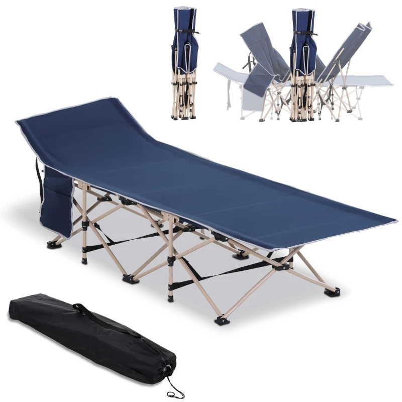 Outsunny Single Folding Camping Cot Bed, Outdoor Patio Portable Military Sleeping Bed with Side Pocket and Carry Bag - Blue