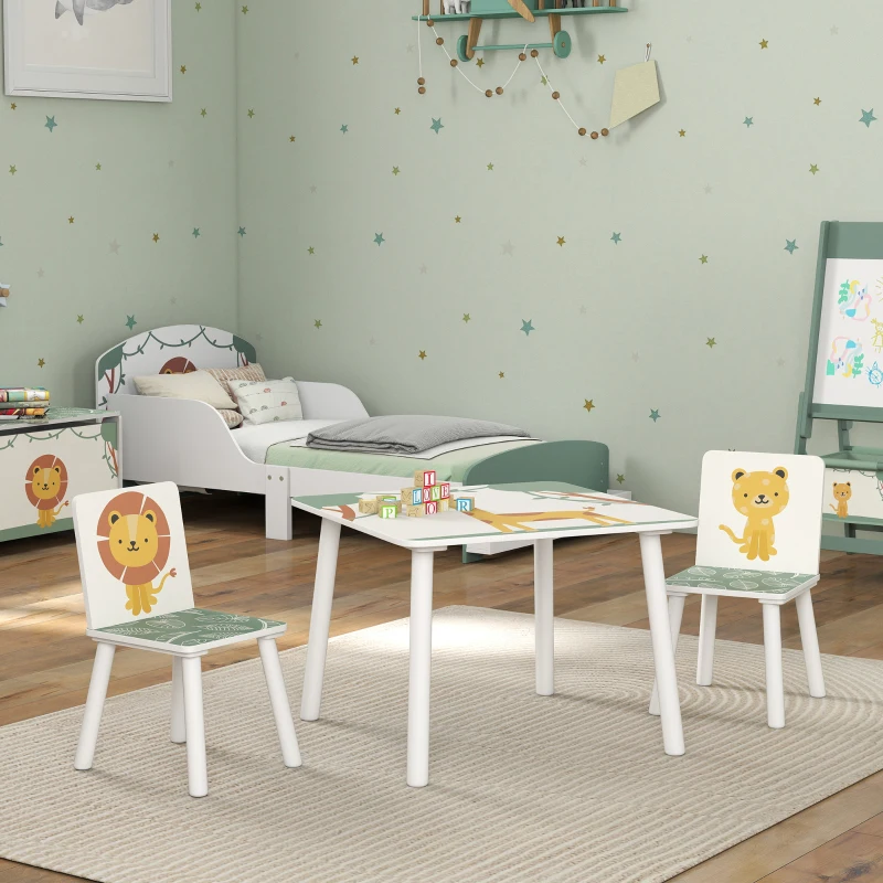 AIYAPLAY Mesa e Cadeiras para Crianças de 3 Peças Mesa Infantil com 2 Cadeiras em Madeira com Desenhos de Leões Verde
