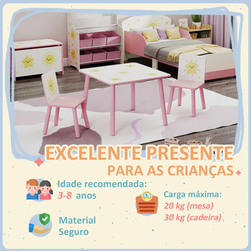 AIYAPLAY Mesa e Cadeiras para Crianças de 3 Peças Mesa Infantil com 2 Cadeiras em Madeira com Desenhos de Estrelas e Sol Rosa
