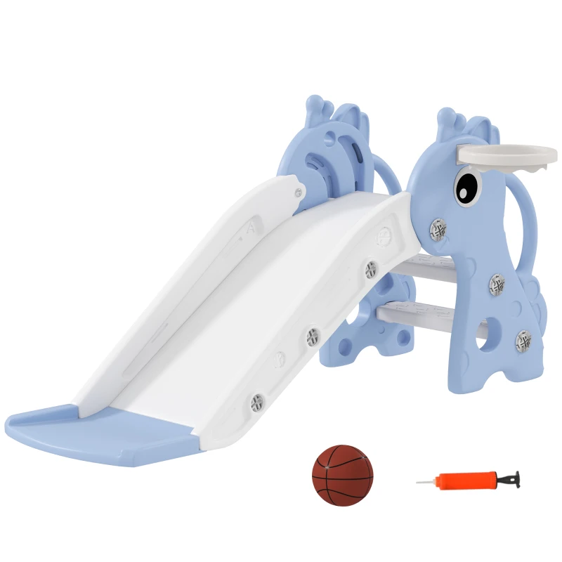AIYAPLAY Tobogán Infantil 3 en 1 para Niños 1-3 Años con Escalera Canasta de Baloncesto y Diseño de Jirafa 106x51,5x52 cm Azul