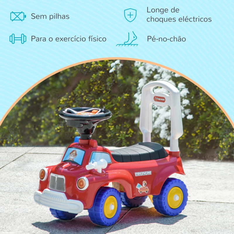 AIYAPLAY Carro Andador para Crianças com Desenho de Camião de Bombeiros 3 Luzes Música e Compartimento de Arrumação 49x24x42 cm Vermelho