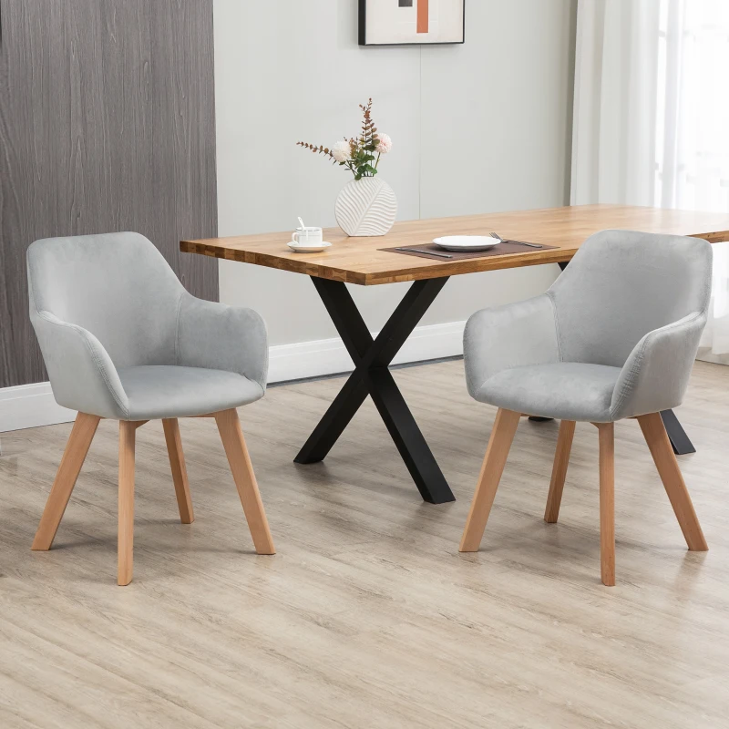 HOMCOM Set van 2 Stoelen, Eetkamerstoelen, Fluweel Look, Houten Poten, 54 cm x 57 cm x 80 cm, Grijs + Natuur(m-11)