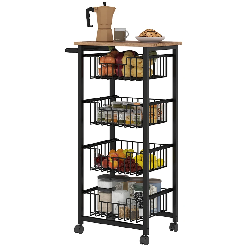 HOMCOM Chariot de rangement à 5 niveaux, desserte à roulettes, 4 paniers coulissants et plateau, 49,5x31x91cm, chêne et noir