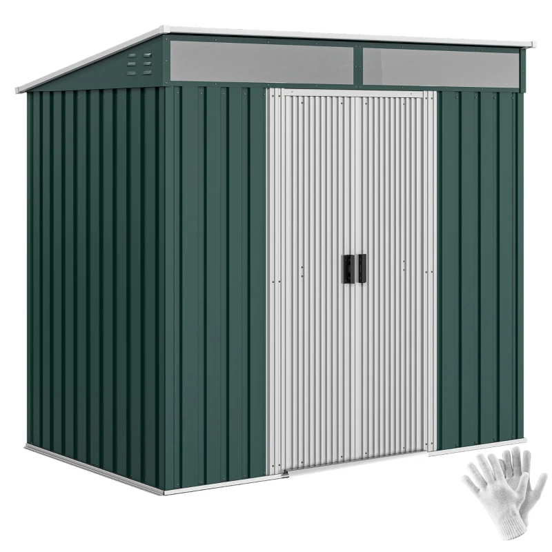 Outsunny Abrigo de Jardim 2 m² 195x122x181,5 cm Abrigo de Armazenamento Metálico com Porta de Correr e 2 Janelas Verde