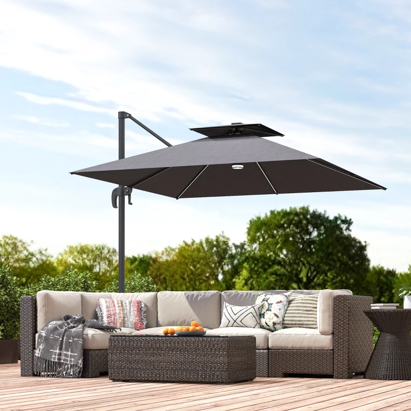 Outsunny 2.5m Cantilever Parasol with Solar Powered LED Lights, 360° Rotation, Tilt Adjustment, Crank Handle, Dark Grey