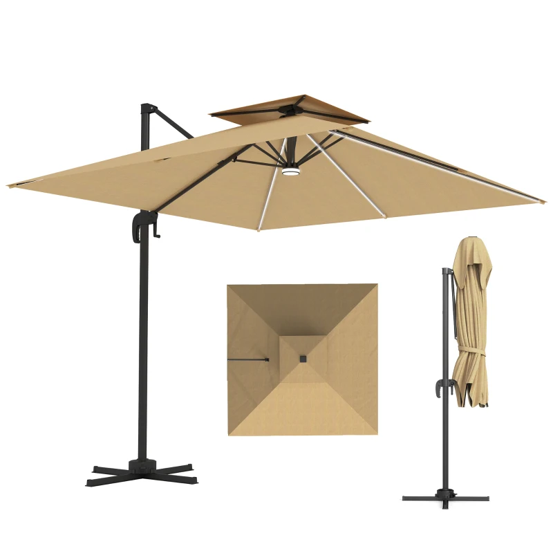 Outsunny 2.5m Cantilever Parasol with Solar Powered LED Lights, 360° Rotation, Tilt Adjustment, Crank Handle, Khaki