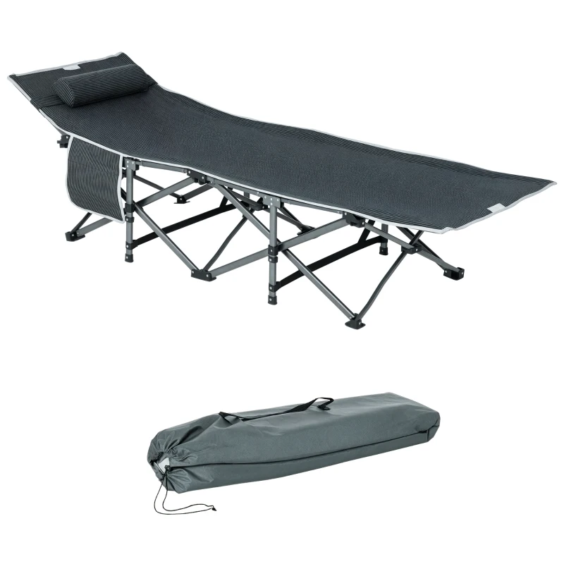 Outsunny Bain de soleil transat chaise longue pliable avec oreiller pochette latérale sac de rangement intégrée métal et tissu oxford 188 x 64,5 x 53 cm gris
