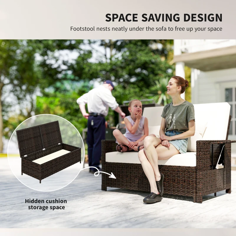 Outsunny Poly-rotan loungebank 2-zits set ligstoel kruk bruin