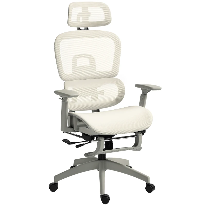 HOMCOM Chaise de bureau, Chaise de bureau ergonomique avec revêtement en maille, ajustable, sur roulettes, avec accoudoirs, appuie-tête, Beige