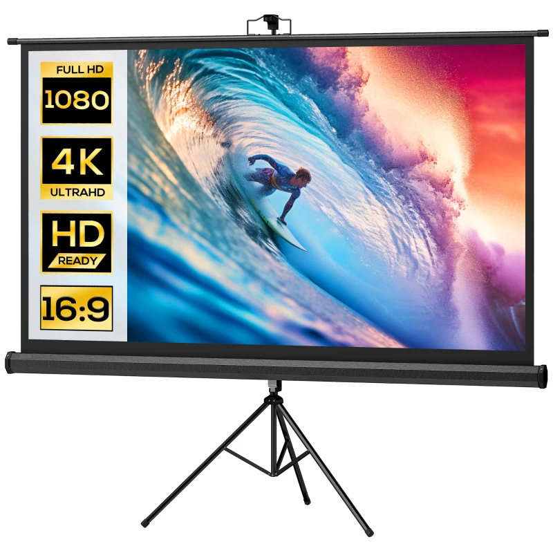 HOMCOM Telo Proiettore Pieghevole da 84" Formato 16:9 con Treppiede Regolabile, 200x8x118 cm, Nero