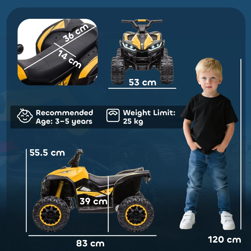 HOMCOM ATV 12V pentru copii cu cauciucuri late, masina, faruri LED, claxon, muzica, pentru 3-5 ani, galben(m-3)