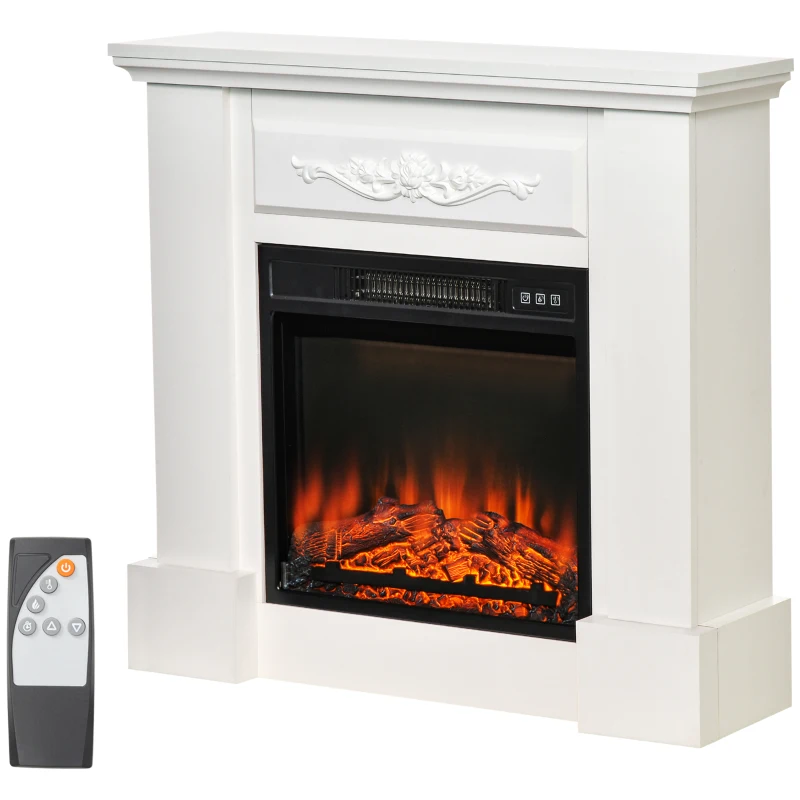 HOMCOM Cheminée Électrique sur Pied 1800W avec Effet de Flamme, Télécommande, Minuterie et Température Réglable, Blanc