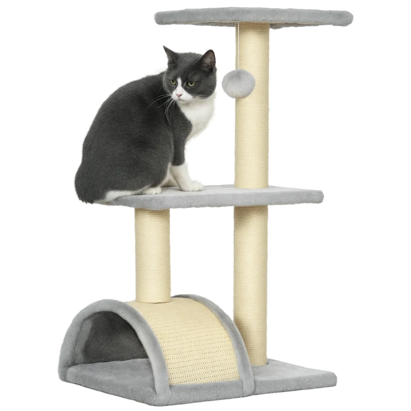 PawHut Arranhador para Gatos Médio de 3 Níveis  com Postes de Sisal Placa para Arranhar e Bola Suspensa 40x35x72 cm Cinza