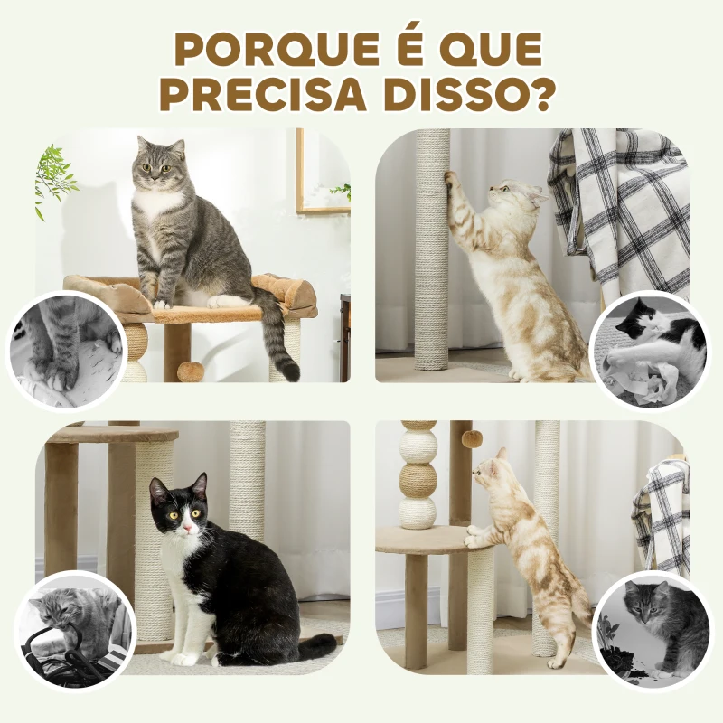 PawHut Arranhador para Gatos Arranhador para Gatos com Estofado em Borrego Plataformas Bola Suspensa e Poste de Juta 56x54x86 cm Marrom