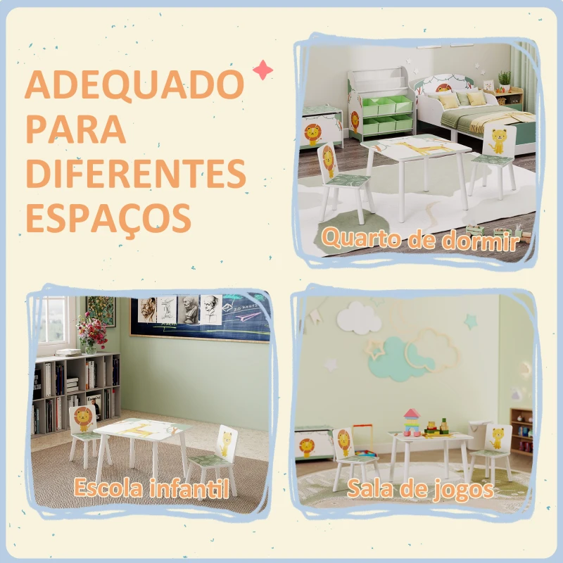 AIYAPLAY Mesa e Cadeiras para Crianças de 3 Peças Mesa Infantil com 2 Cadeiras em Madeira com Desenhos de Leões Verde