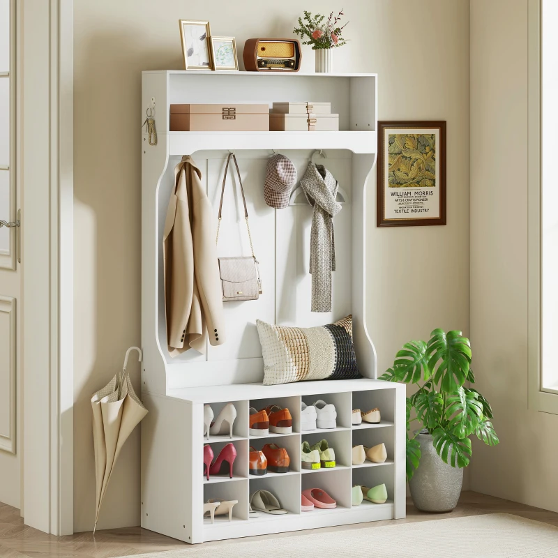 HOMCOM Garderobe mit Regal, Bank, Haken, Schuhfächern, Spanplatten, MDF, Weiß(m-2)