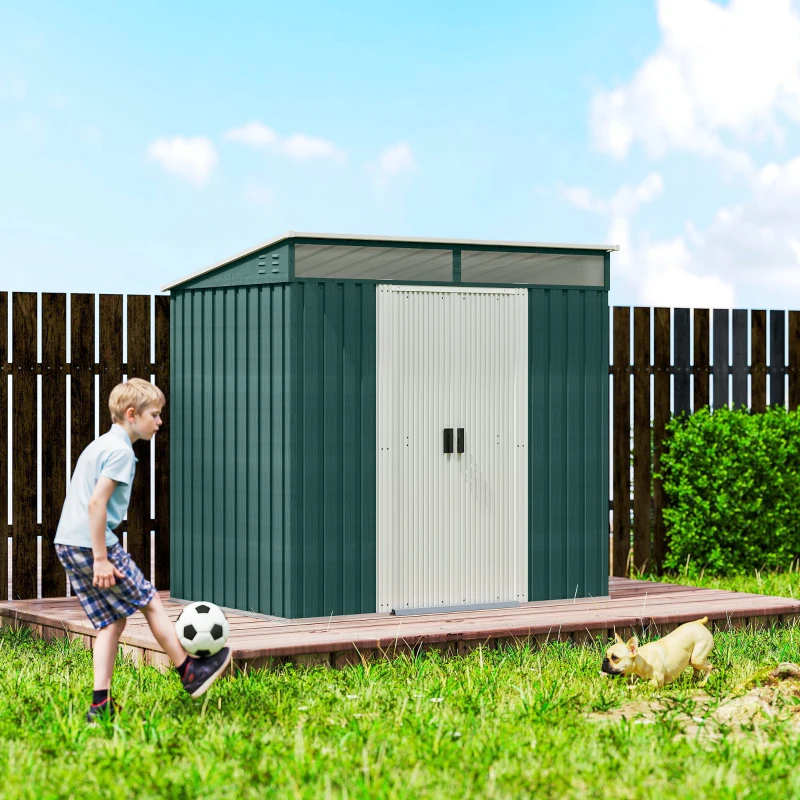 Outsunny Abrigo de Jardim 2 m² 195x122x181,5 cm Abrigo de Armazenamento Metálico com Porta de Correr e 2 Janelas Verde