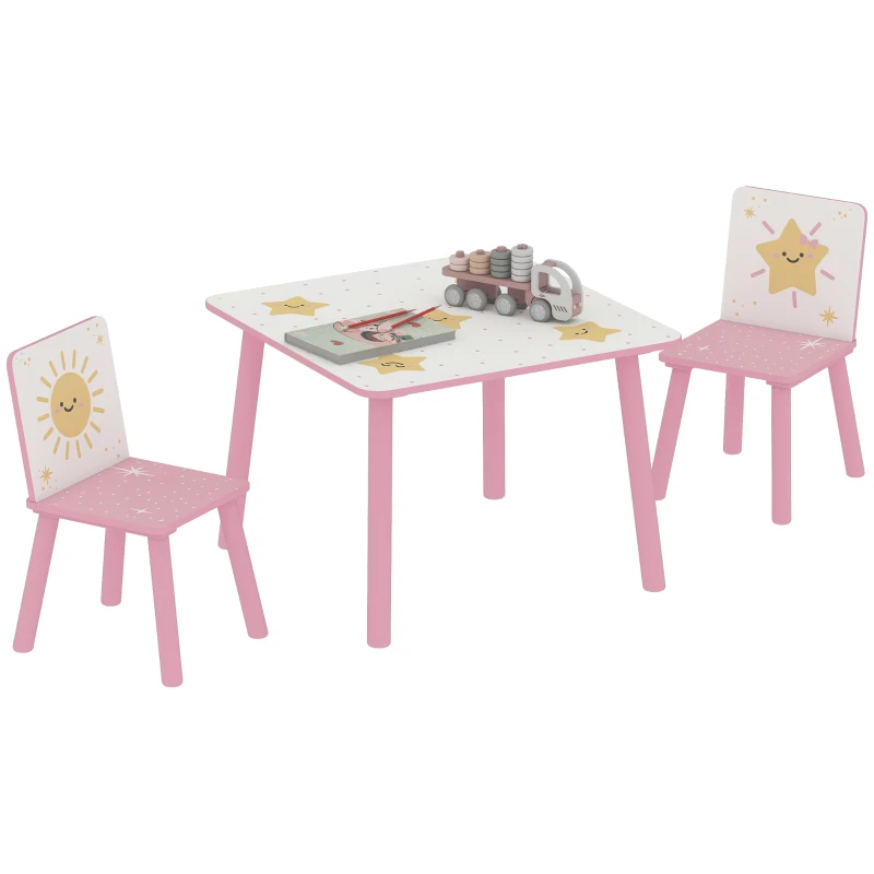 AIYAPLAY Mesa e Cadeiras para Crianças de 3 Peças Mesa Infantil com 2 Cadeiras em Madeira com Desenhos de Estrelas e Sol Rosa