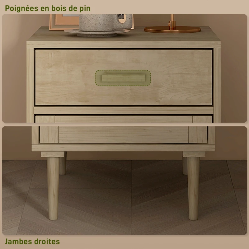 HOMCOM Bedside Table, Rattan Side Tables with Drawer, Cabinet and Adjustable Shelf, Boho Bedside Cabinet with Storage for Bedroom, Living Room, Natural Wood Effect