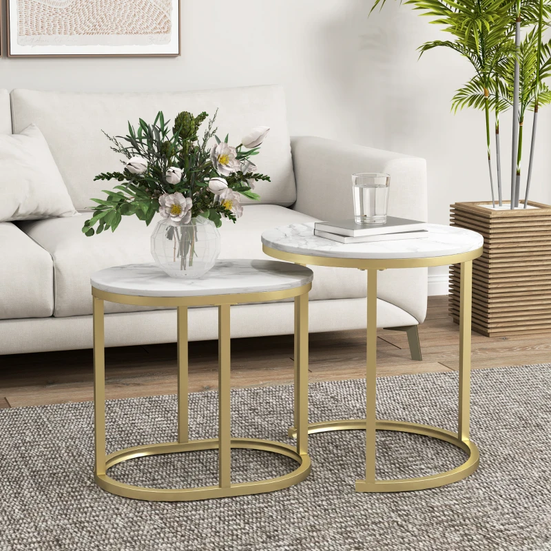 HOMCOM Set van 2 Salontafels, Ovale en ronde koffietafel, stapelbaar, met marmerlook, Staal, Ø50 x 50,5 cm, Wit