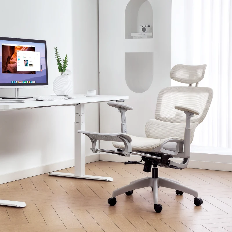 HOMCOM Chaise de bureau, Chaise de bureau ergonomique avec revêtement en maille, ajustable, sur roulettes, avec accoudoirs, appuie-tête, Beige