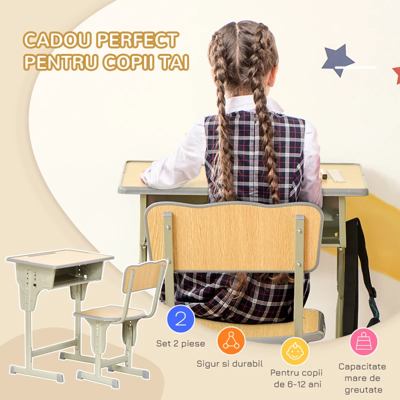 HOMCOM Banca scoala cu Scaun – Reglabil, Lemn Natur, 6–12 Ani