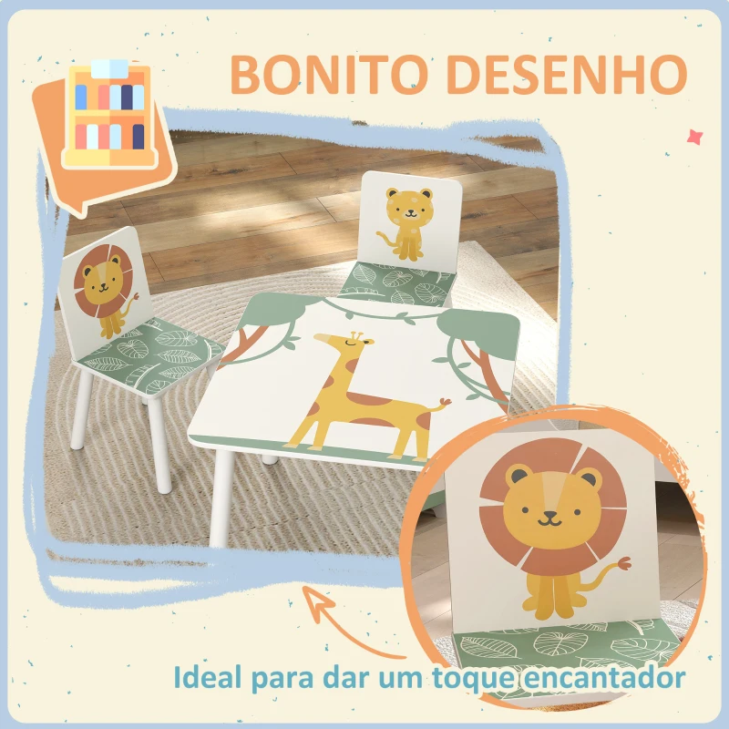 AIYAPLAY Mesa e Cadeiras para Crianças de 3 Peças Mesa Infantil com 2 Cadeiras em Madeira com Desenhos de Leões Verde