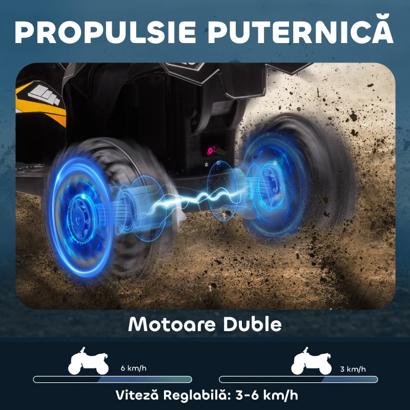 HOMCOM ATV 12V pentru copii cu cauciucuri late, masina, faruri LED, claxon, muzica, pentru 3-5 ani, galben(m-4)