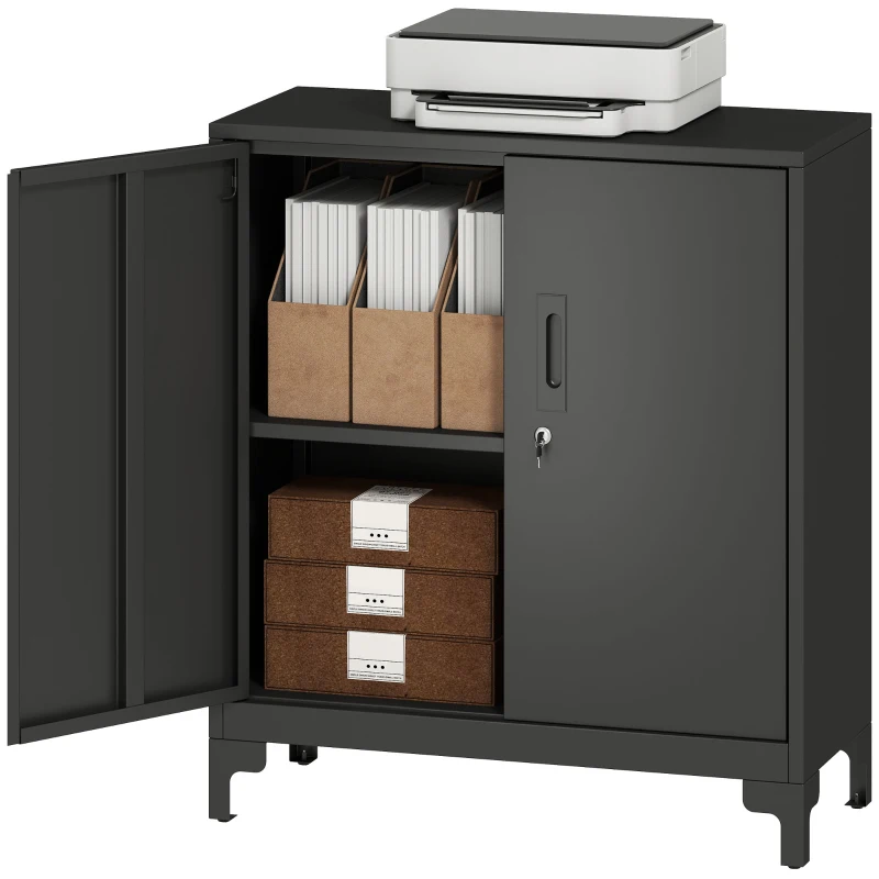 HOMCOM Büroschrank aus Metall, verschließbare Türen, Bürokommode, 2-stufiges Design, Schwarz(m-10)