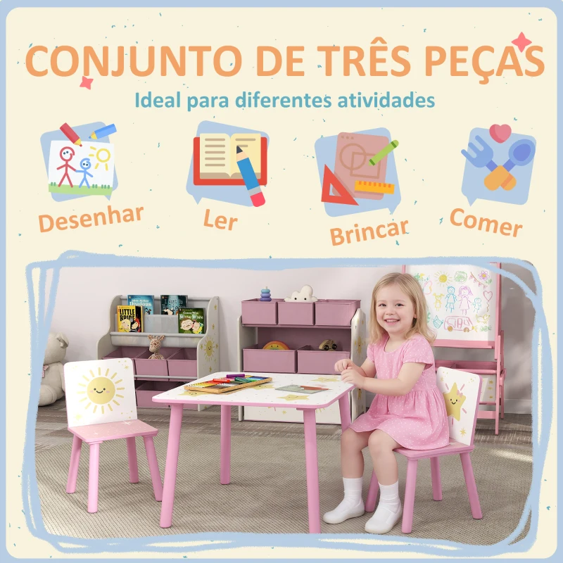 AIYAPLAY Mesa e Cadeiras para Crianças de 3 Peças Mesa Infantil com 2 Cadeiras em Madeira com Desenhos de Estrelas e Sol Rosa