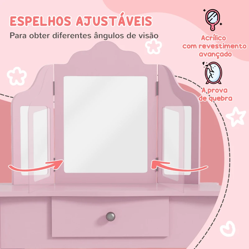 HOMCOM Toucador Infantil de Madeira com Banco e Espelho de Acrílico de 2 Seções Mesa de Maquilhagem Infantil 63x40x85,5 cm Rosa