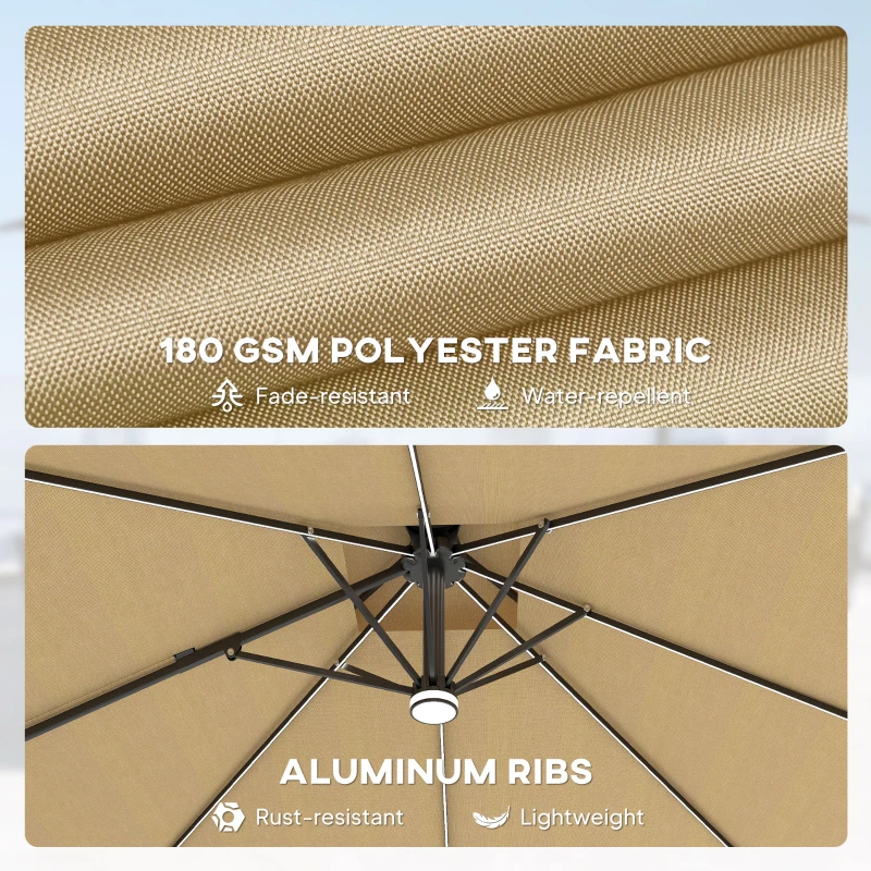 Outsunny 2.5m Cantilever Parasol with Solar Powered LED Lights, 360° Rotation, Tilt Adjustment, Crank Handle, Khaki