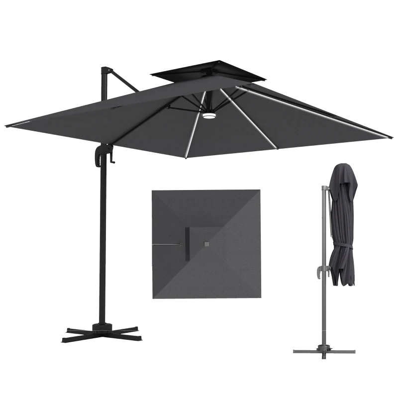 Outsunny 2.5m Cantilever Parasol with Solar Powered LED Lights, 360° Rotation, Tilt Adjustment, Crank Handle, Dark Grey