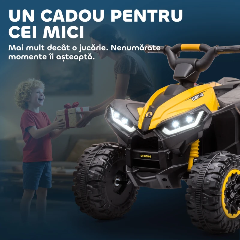 HOMCOM ATV 12V pentru copii cu cauciucuri late, masina, faruri LED, claxon, muzica, pentru 3-5 ani, galben(m-8)
