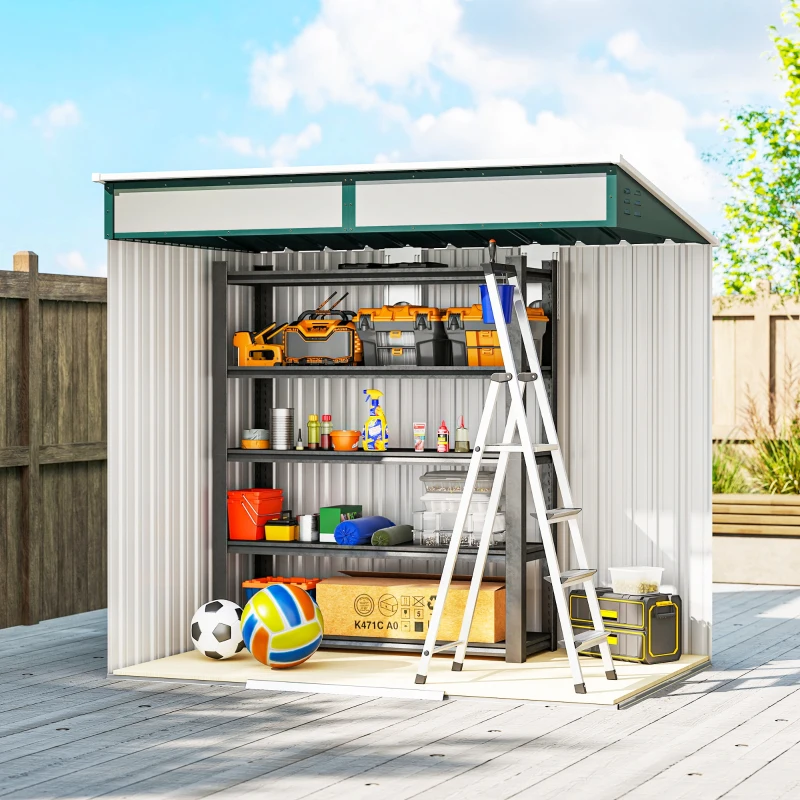 Outsunny Abrigo de Jardim 2 m² 195x122x181,5 cm Abrigo de Armazenamento Metálico com Porta de Correr e 2 Janelas Verde
