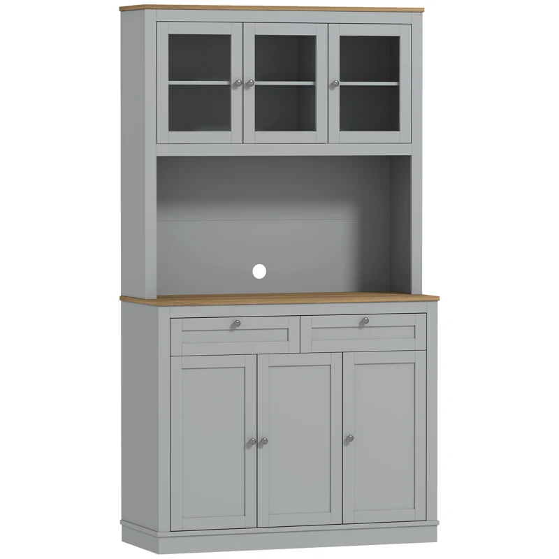 HOMCOM Alacena de Cocina con 3 Puertas de Vidrio Compartimento Abierto 2 Cajones y Estantes Ajustables 100x40x180 cm Gris