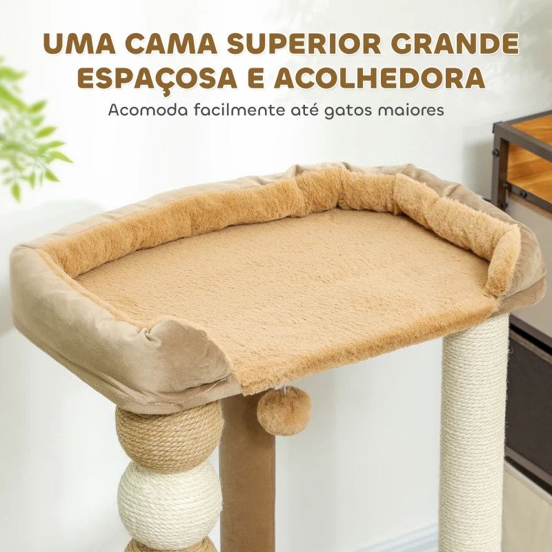 PawHut Arranhador para Gatos Arranhador para Gatos com Estofado em Borrego Plataformas Bola Suspensa e Poste de Juta 56x54x86 cm Marrom