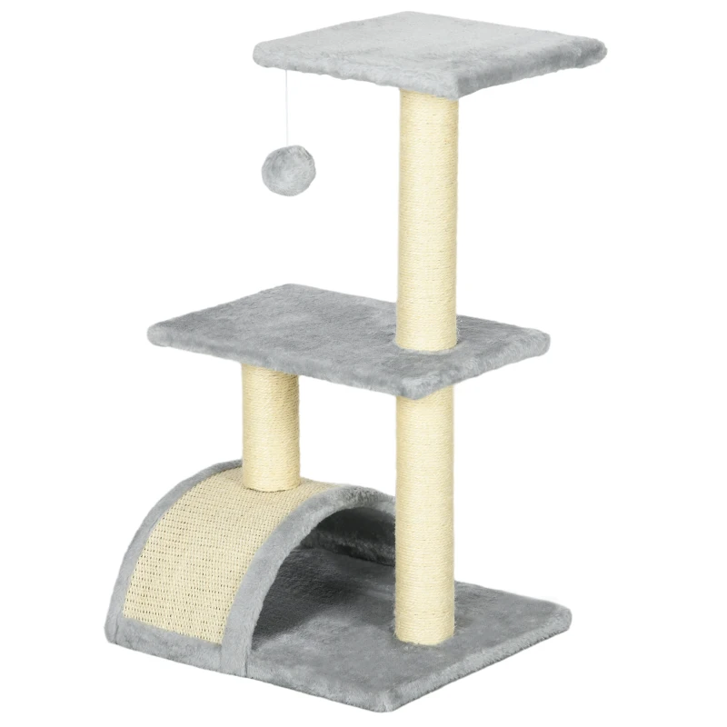 PawHut Arranhador para Gatos Médio de 3 Níveis  com Postes de Sisal Placa para Arranhar e Bola Suspensa 40x35x72 cm Cinza
