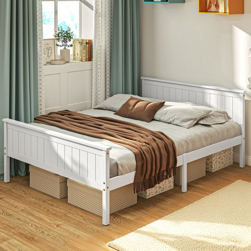 HOMCOM 150 x 210 cm Bed Frame, Single Solid Wood Bed with Slatted Base Head and Foot Included, Easy Assembly, White