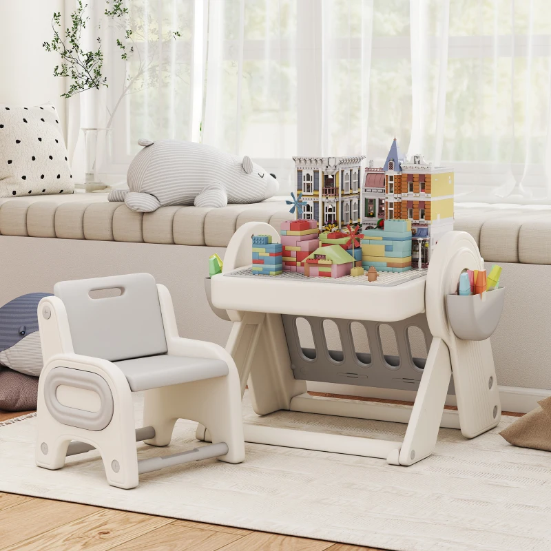 AIYAPLAY Table Polyvalente pour Enfants avec Plateau Rangement et Tiroirs, en HDPE et PP, Gris et Blanc