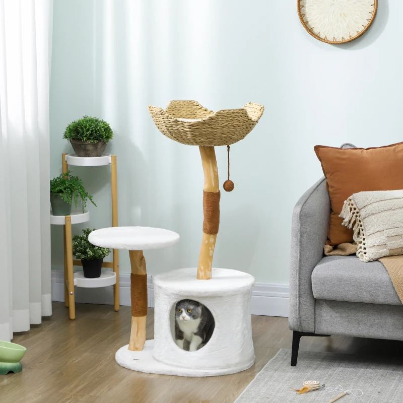 PawHut Árbol de gato torre de juegos para gatos rascadores plataforma cama cueva cojín mullido lavable, 55 x 45 x 102 cm blanco