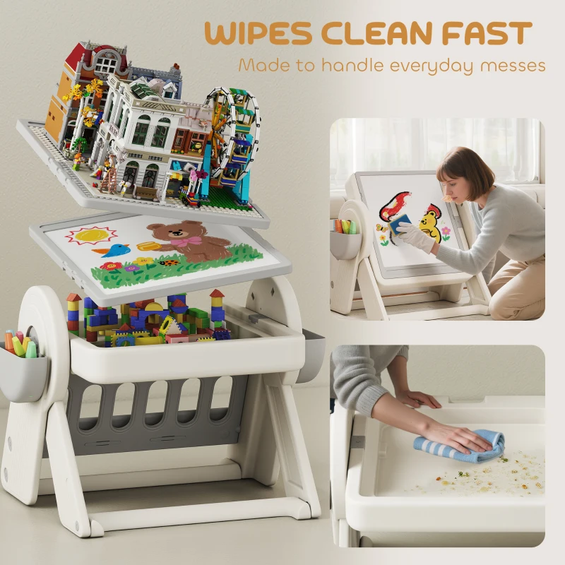 AIYAPLAY Table Polyvalente pour Enfants avec Plateau Rangement et Tiroirs, en HDPE et PP, Gris et Blanc